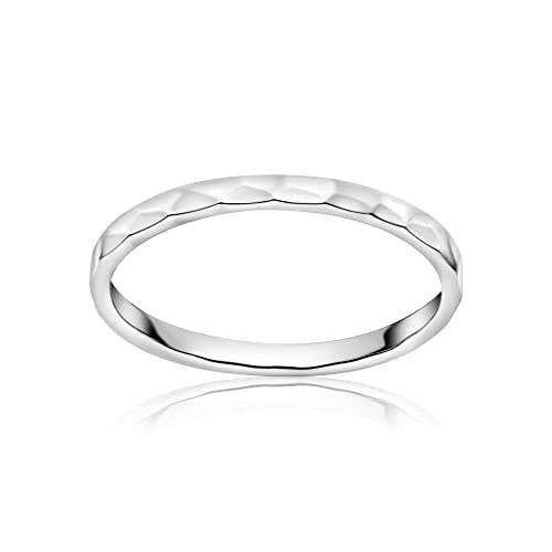 Hoops & Loops 925 Sterling Silver Thin Plain 2mm Hammered Stacking Ring | Skinny Comfort Fit Stackable Band Ring for Women