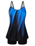 Hanna Nikole Tankini Damen Set,Freizeit Zweiteiler Badeanzug,Push Up Bademode,A Linie Badeoberteile Mit High Waist Badeshorts s,Bauchweg Schwimmanzug Blaue Geometrie L