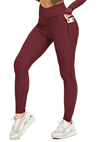 HAWILAND Cross Waist Leggings Damen - High Waist Sport Leggings mit Taschen Ribbed Sportleggins lang für Fitness Yoga Workout #1 Braun S Cover