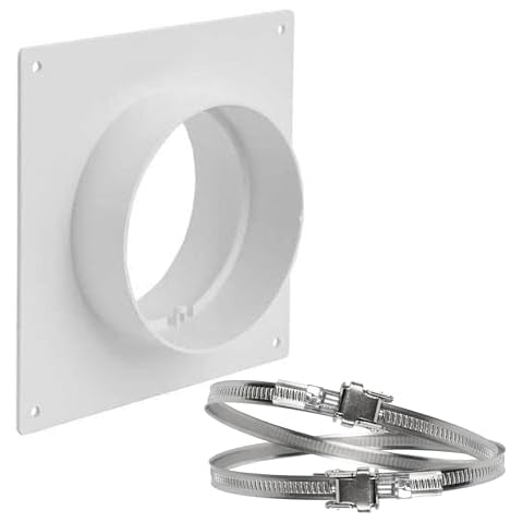 Repa Market 4" Inch Duct Connector Flange with 2 Clamps - Plastic Straight Pipe Flange for Heating Cooling - Ducting Coupling Wall Plate with Adjustable Stainless Steel Hose Clamps Cover