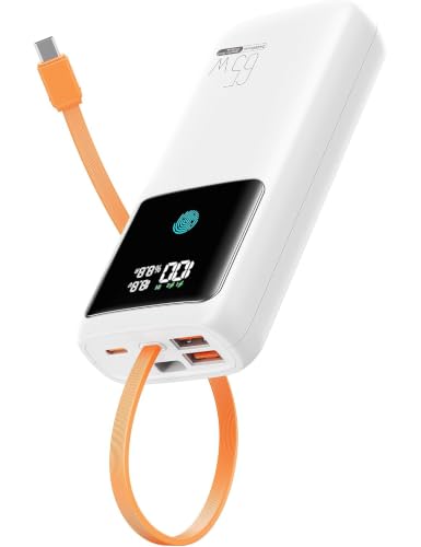 Image of Portable Laptop Charger 24000mAh 65W w /USB C Built-in Cable White | 65W Fast charging, LED display, Charge 4 devices at once, Pass through, TSA approved, Compatible with Macbook /Notebook /iPhone