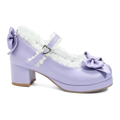 Image of LUXMAX Women Kawaii Mid Block Heel Mary Jane Rockabilly Pumps with Bow Platform Chunky Heel Cute Sweet Shoes