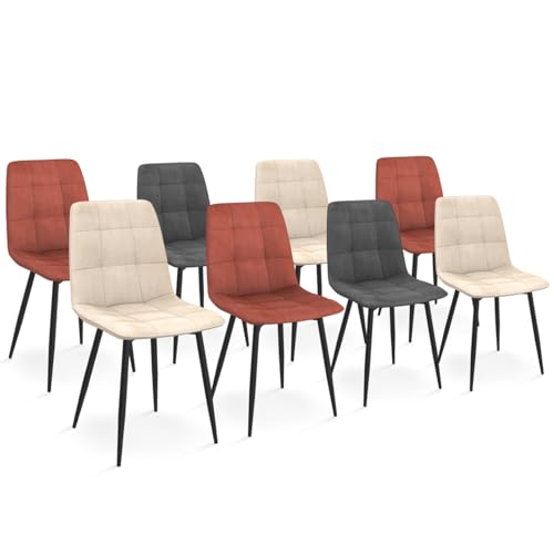 IDMarket - Lot de 8 chaises Mila en Velours Mix Color Terracotta x3, Gris foncé x2, et Beige x3