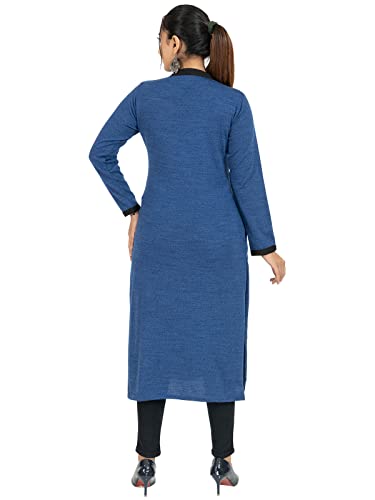 Image of Rosary Women's Winter Wear Embroidered Warm Woolen Straight Full Sleeve Kurti with Pockets Airforce Blue