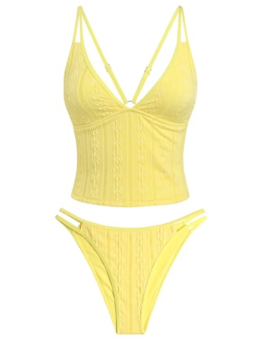 Image of ZAFUL Tankini Swimsuits for Women V Neck Dual Straps Cropped Bikini Swimsuit High Cut 2 Pieces Bathing Suit