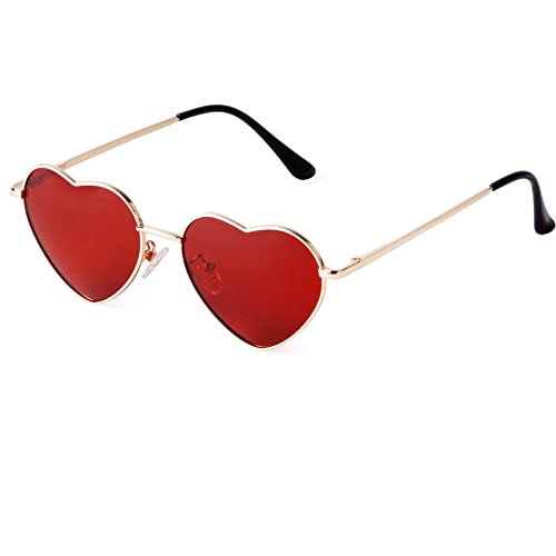 GIFIORE Sonnenbrille Damen, Herzform Sonnenbrille Hippie Gläser Brille Vintage Love Herz Sonnenbrille, Metallrahmen Trendy UV400 Schutz(Gold Rahmen/Rot Linse) Cover