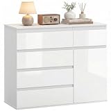HOMCOM Aparador con 5 Cajones Aparador Recibidor 100x40x80cm Blanco Brillo