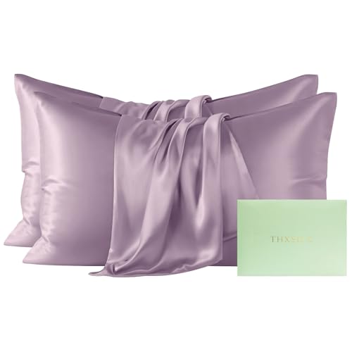 Image of THXSILK Mulberry Silk Pillowcase Queen Size, Set of 2 Pillowcases, Pillow Cover with Hidden Zipper, Soft Smooth Cooling Pillowcases for Hair and Skin, Gift for Women Men, Purple