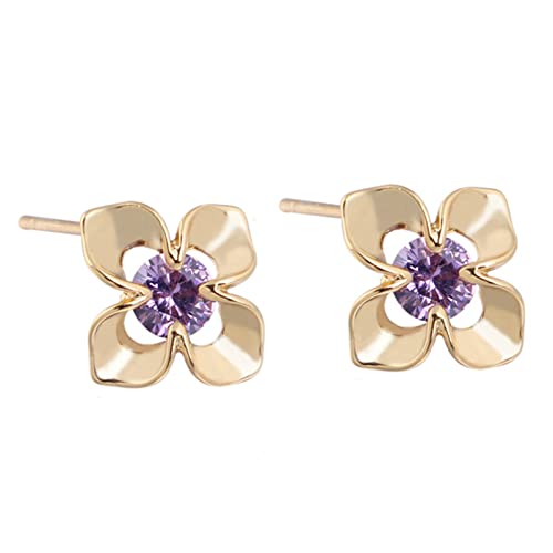 Boucles d'oreilles en Or Jaune 18k pour femmes, améthyste fine et design fleur creuse haut de gamme