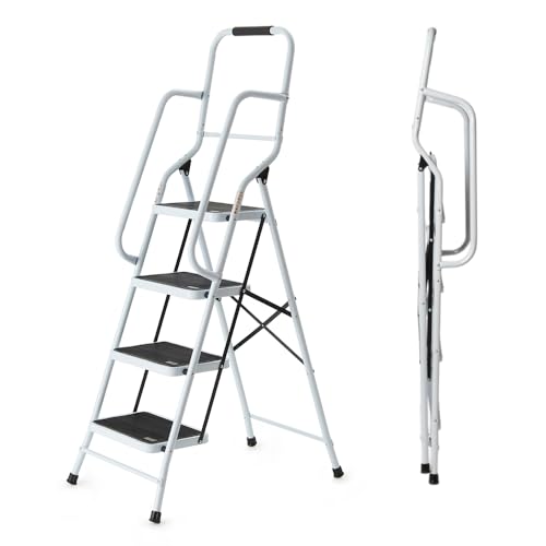 easylife safety Folding Step Ladder | 4 Step Ladder, Strong, Non-Slip Rubber Steps With Rail Support And Grip Tight Ridges | 96x159cm - Safety Step Ladders easylife safety Folding Step Ladder | 4 Step Ladder, Strong, Non-Slip Rubber Steps With Rail Support And Grip Tight Ridges | 96x159cm - Safety Step Ladders