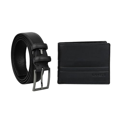 LANCETTI Conjunto de presente para homem, cinto com forro de pele e exterior em PU, carteira de pele autêntica, Preto