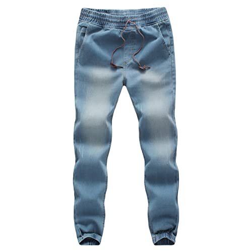 Men's Lightweight Denim Jogger Pants Elastic Waist Casual Jeans Trousers Vintage Stretch Workout Jean Sweatpants