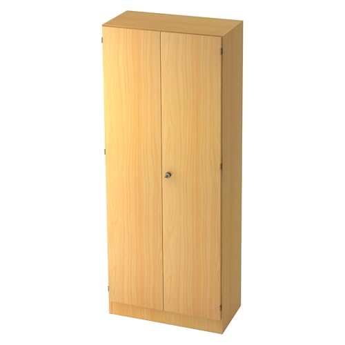 bümö Office Kleiderschrank Holz abschließbar mit Spiegel, Büroschrank 80 cm breit in Buche - Flur Schrank als Garderobe für Jacken, Taschen & Co. im Arbeitszimmer - Büro Schrank
