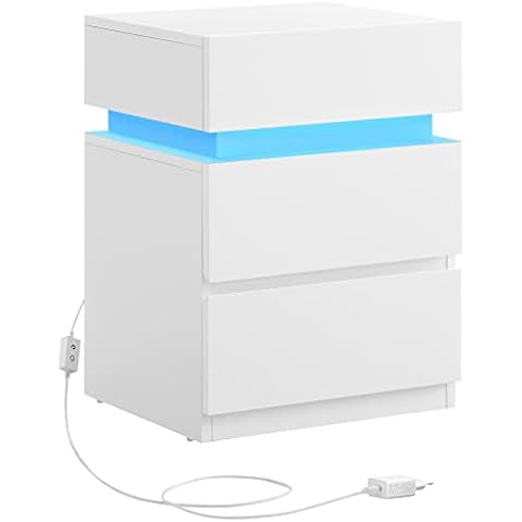 VASAGLE Mesita de Noche con Tira de Luz LED Multicolor Variable y 3 Cajones Cover