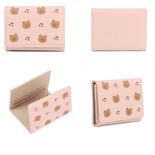 Image of INOVERA (LABEL) Small Tri-Fold Wallet for Women, Girls - Faux Leather Cash, Coin, Card Holder Wallets - Cute Bear and Cherry Print Mini Hand Purse (Pink)