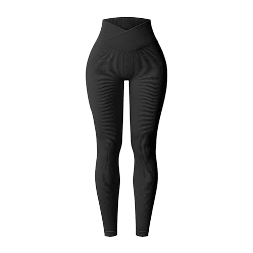 KIKIMINK Womens Cross Waist Yoga Gym Leggings Seamless Pants Workout Tummy Control Stretchy Activewear Trosuers Black