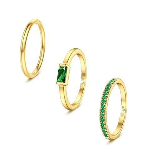 FIBO STEEL Gold Stackable Births Rings for Women - 18K Gold Filled Non Tarnish Dainty Gold Stacking Rings Set - Cubic Zirconia Thumb Knuckle Ring Wedding Engagement Ring for her Gifts 3pcs May Size7
