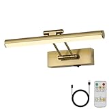 JUSHENG Battery Operated Picture Light with Remote and Timer, Wireless Art Light with Swing Arm, Rechargeable Gallery Lighting Display Light for Frame Artwork Canvas Portrait Brass 12.6'' Inch 2W