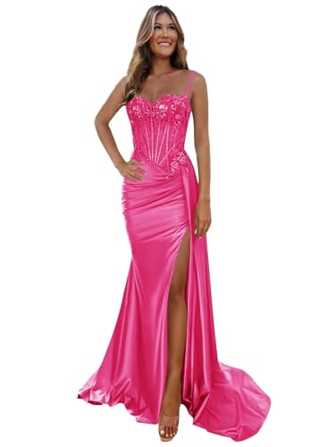 Toreque Corset Long Prom Dresses 2026 Satin Bridesmaid Dresses for Women Hot Pink Sexy Lace Applique Beaded Evening Formal Gowns US12