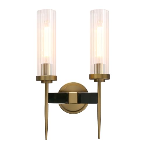 Image of PERMO wall sconces 2 Lights Glod Wall Light Fixtures with 2.8 inch Cylindrical Clear Glass Shade Brass Double sconces for Living Room Bathroom Corridor Mirror Bedroom
