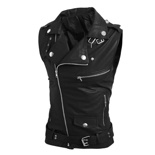 Maiyifu-GJ Men's Faux Leather Biker Sleeveless Jacket Vintage Asymmetric Zip Motorcycle Vest PU Lightweight Punk Belted Coat (Blacka2,Medium)