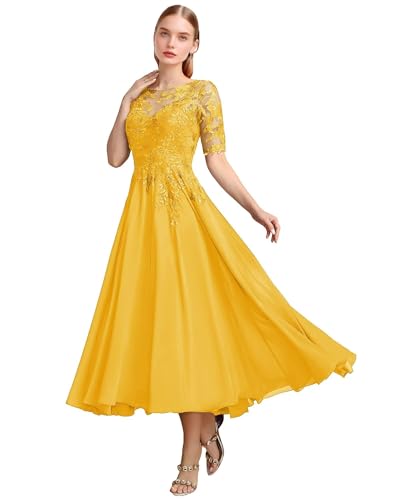 Appliques en dentelle Robe de mère de la mariée pour mariage en mousseline de soie longueur thé manches 3/4 A ligne formelle robe de soirée, doré, 38