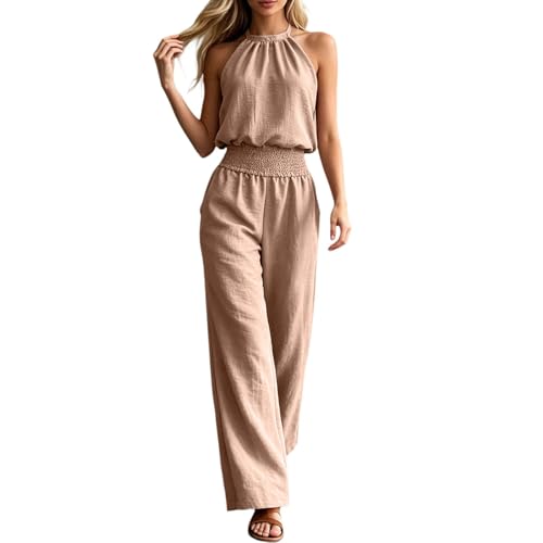 Mono de verano plisado para mujer con cuello halter y pantalones de pierna ancha