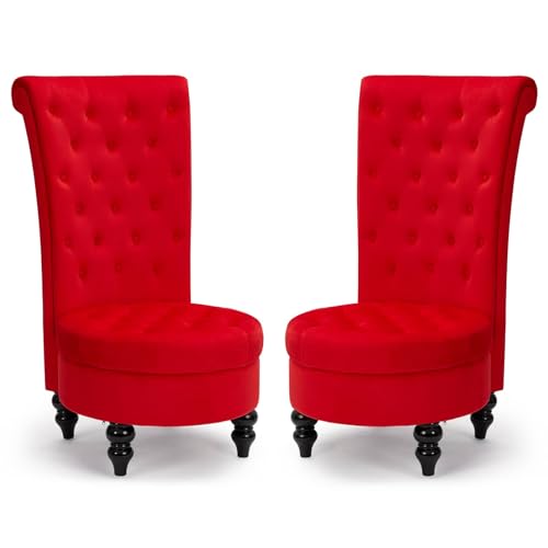 AVAWING Throne Royal Chair Set of 2, Button Tufted High Back Royal Chair with 24.6 Inches Round Seat, Armless Aceent Chair with Thick Padding and Rubberwood Legs for Living Room, Red