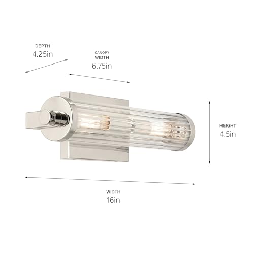 Image of Kichler Azores 16 inch 2-Light Wall Sconce, Vintage Industrial Light with Clear Fluted Glass in Polished Nickel, for Hallways, Bathroom, Laundry Room, or Kitchen (16 inch x 4.5 inch), 45648PN