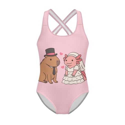 Image of Girls One Piece Swimsuit Axolotl Cross Back Straps Bathing Suit Lightweight Quick Dry Gymnastics Leotard