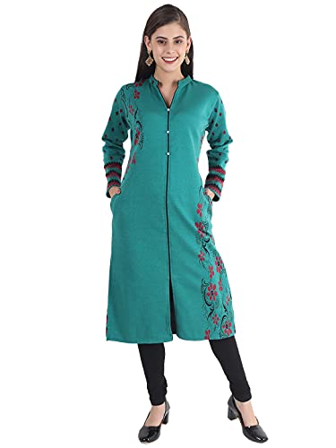Image of Rosary Women's Winter Wear Jacquard Woolen Straight Kurti with 2 Side Pockets,RZ017FIROZI-L