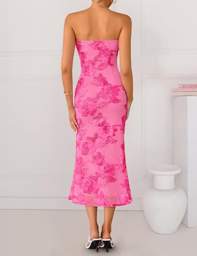 ZESICA Women\'s Summer Strapless Floral Midi Dress 2026 Bodycon Mesh Tube Wedding Guest Cocktail Party Formal Dresses Rose Small - Thumbnail 5