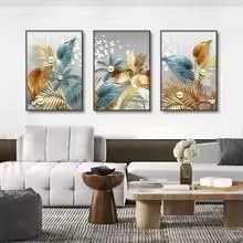 Láminas decorativas modernas con mariposas doradas y hojas, estilo nórdico (75x110cm x 3 / Sin marco)