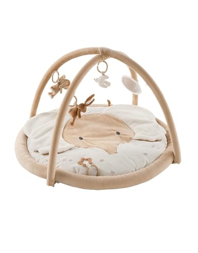 NOUKIE'S – Tapis d'Éveil Bébé Veloudoux Bali l'Eléphant – Tapis d’Activités Sensoriel avec Jouets Suspendus – Motricité, Développement Éveil – Lavable Machine - Naissance - Cadeau