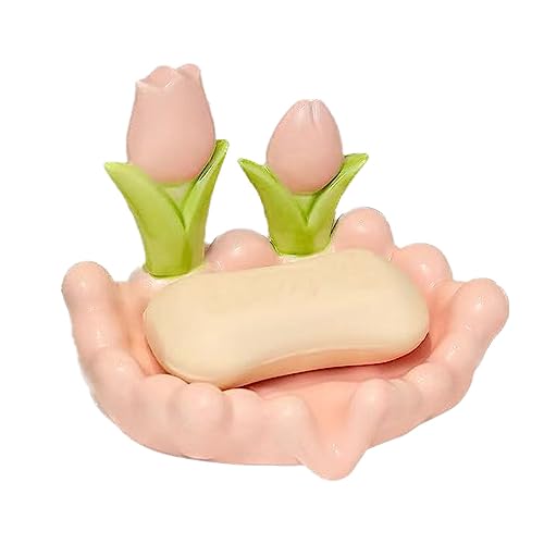 YGMXZL Porte-Savon en Céramique De Tulipe,économiseur de Savon pour la Douche,Mignon Bijoux Plat Clé Bol Nettoyage Facile,Sec,empêche Le Savon Mousseux (Tulipe Rose)