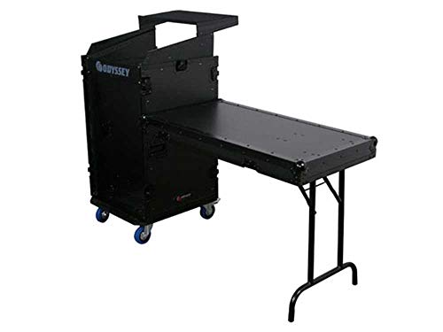 Deluxe Black 11U Top Slanted 16U Bottom Vertical Pro Combo Rack with Casters, Side Table, and Glide Platform