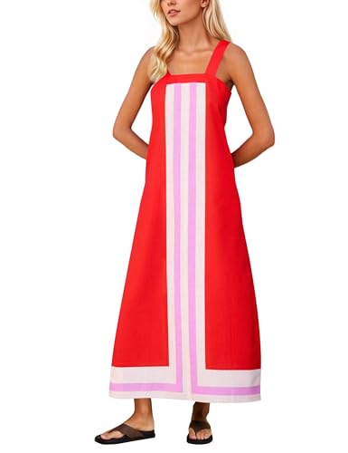 Image of calbatic Women Color Block Sleeveless Striped Maxi Dress Square Neck Backless Casual Flowy Summer Dress Beachwear Red
