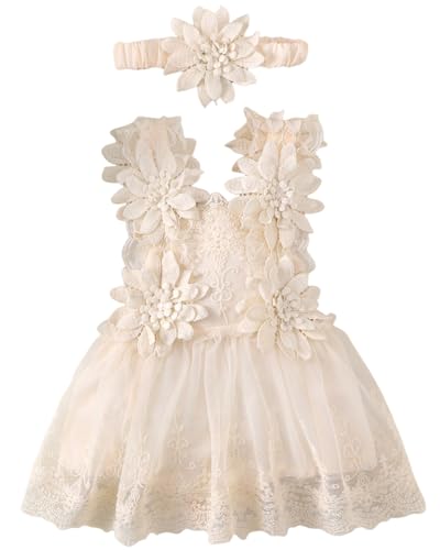 Baby Girl 1st Birthday Outfit Boho Lace Tulle Romper Cake Smash Princess Dress with Headband