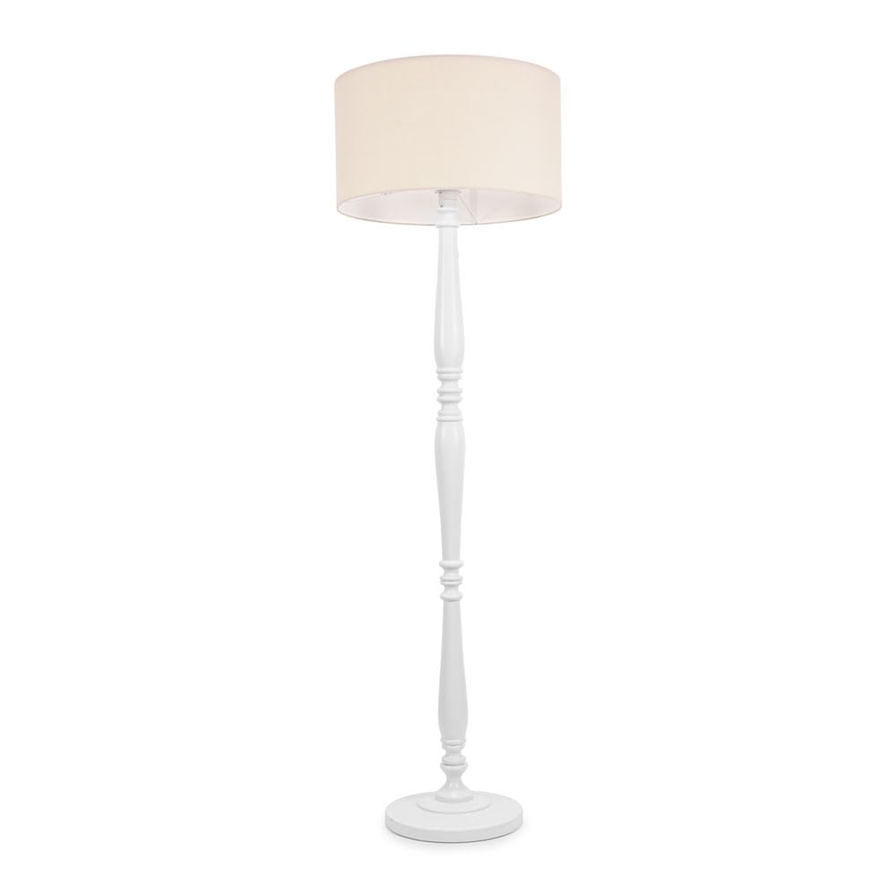 B&Q -  Victoria Traditional White Wood Candlestick Floor Lamp With Natural Drum Shade