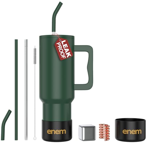 Image of enem Tumbler, Deep Jungle, Tumbler with Metal Straw, Sipper, with Lid Leak Proof, 1 Metal Ice Cube, 1 Copper Spring (Tamba), Base Protector, Mug Travel, 1.2L