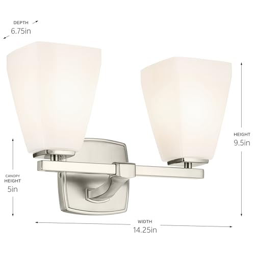 Image of Kichler Marant 2-Light Bathroom Vanity Light Fixture with Opal Glass, 14.25 inch Modern Wall Mount Light in Brushed Nickel for Bathroom, Powder Room, Over Mirror (14.25 inch W x 9.5 inch H), 55215NI