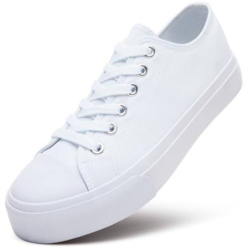 Image of ZGR Womens White Tennis Shoes for Women,Low Tops Lace up Canvas Sneakers