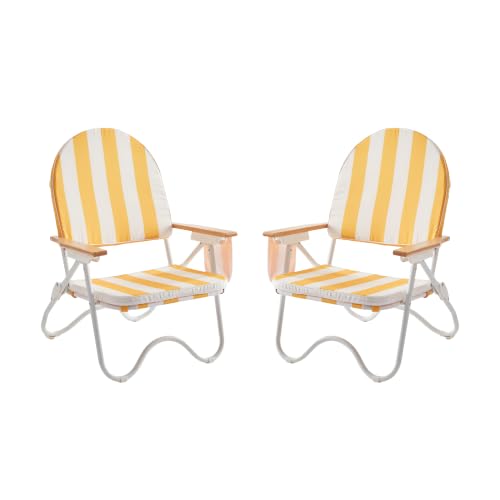 Image of Padded Low Beach Chair Set of 2, 4-Position Folding Outdoor Chair with Wooden Armrests, Cushioned Seat, Storage Pouch & Carry Strap for Beach, Patio and Lawn, Cala Serena Ochre Stripe