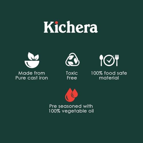 Image of Kichera 10 Inch Pre Seasoned Cast Iron Fish Fry Pan | 2 Loop Handles, 1.5kg Weight | Natural Non-Stick Induction Fish Fry Tawa Pan |Cast Iron Cookware Frying Pan | 25cm Diameter