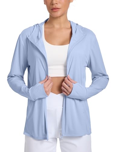 CHALLMOTI Womens Sun Protection Jacket Zip up Hoodie Lightweight Long Sleeve UV Cover Up Hiking Shirt UPF 50+ Light Blue M
