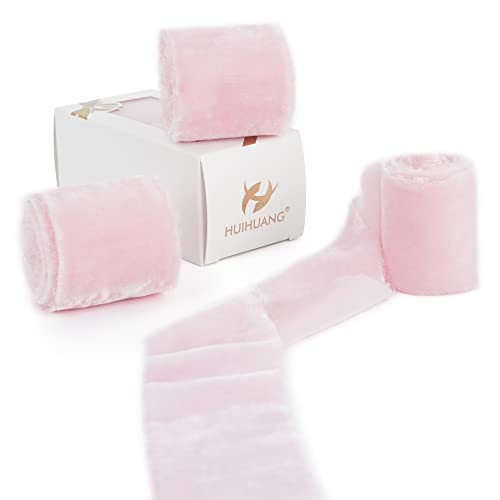 HUIHUANG Velvet Silk Ribbon - 2 inch Pink, Frayed, Handmade for Wedding, Bridal Bouquet, Gift Wrapping, Invitation, Tie, Vow Book, Bridal Shower - 1 Yard Each, 3 Yards Total