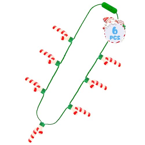 EOBOH Christmas Accessories, 6PCS Light Up Candy Cane Necklace, 3D Light Necklace with 7 Candy Cane Pendants, 3 Modes for Ugly Sweater, New Year, Bulk