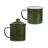 TOMETURE Taza de Esmalte Color Verde Militar 8 Cm Set 2 Piezas Tapa Taza para Café y Bebida para Hogar Oficina y Cafetería