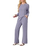 PrinStory Set di pigiama da donna a righe per donna, set di abbigliamento casual da salotto, set con top a maniche lunghe e pantaloni da pigiama con tasche, Colore: viola e grigio., M