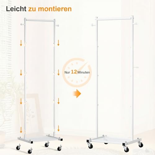 MISSLO Kleine Kleiderständer auf Rollen, Schmal Kleiderstange mit Ablagen, 152 cm Metall Garderobenstange, Tragbarer, Freistehender Roll Kleiderwagen für Kleine Räume, Weiß